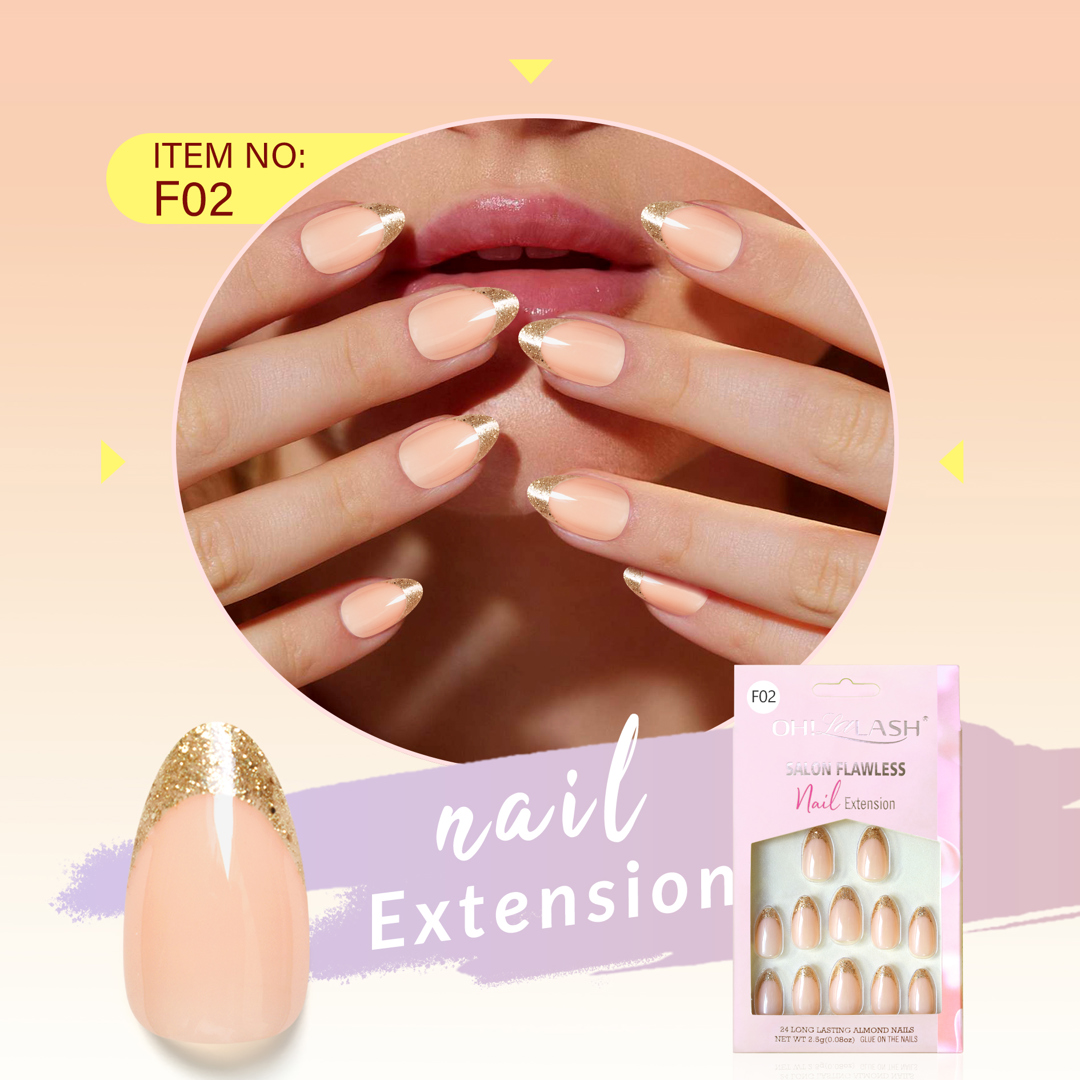 F02 - 24 pieces glossy one step pressed nail set in natural beige color